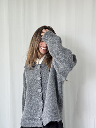 Retrobird Oversize Bürümcük Ceket Hırka Kadın Koyu Gri