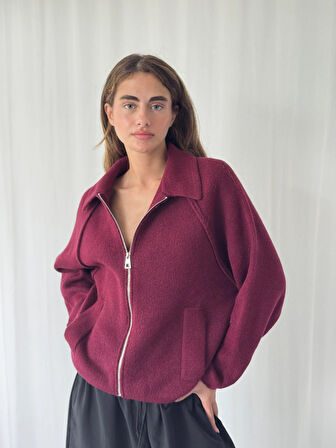 Retrobird Önden Fermuarlı Polo Yaka Ceket Hırka Kadın Bordo