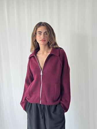 Retrobird Önden Fermuarlı Polo Yaka Ceket Hırka Kadın Bordo