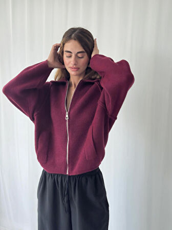 Retrobird Önden Fermuarlı Polo Yaka Ceket Hırka Kadın Bordo