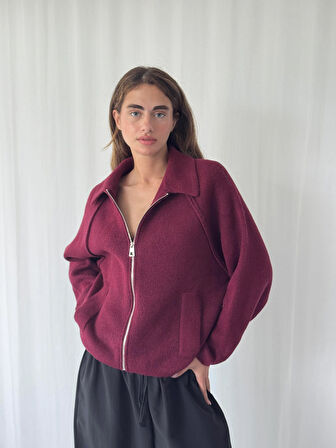 Retrobird Önden Fermuarlı Polo Yaka Ceket Hırka Kadın Bordo