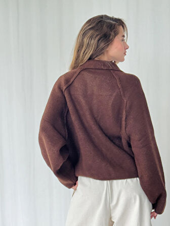 Retrobird Önden Fermuarlı Polo Yaka Ceket Hırka Kadın Kahverengi