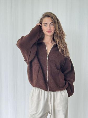 Retrobird Önden Fermuarlı Polo Yaka Ceket Hırka Kadın Kahverengi