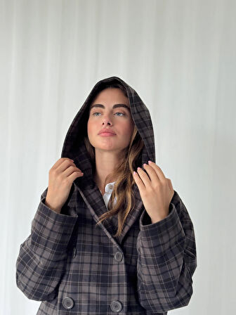 Retrobird Urban Retro Kapüşonlu Oversize Ceket Kaban Kadın Füme