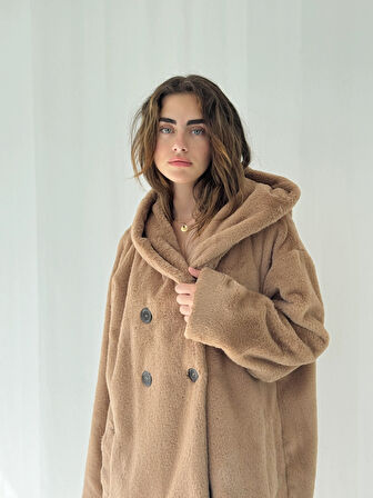 Retrobird Urban Retro Kapüşonlu Oversize Ceket Kaban Kadın Camel