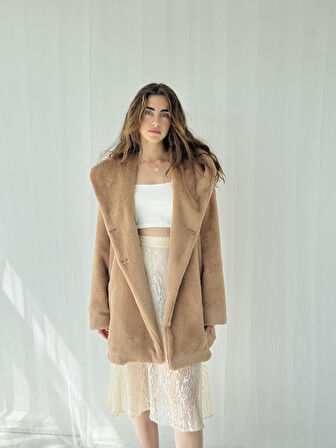 Retrobird Urban Retro Kapüşonlu Oversize Ceket Kaban Kadın Camel