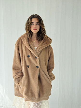 Retrobird Urban Retro Kapüşonlu Oversize Ceket Kaban Kadın Camel