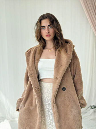 Retrobird Urban Retro Kapüşonlu Oversize Ceket Kaban Kadın Camel