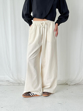 Retrobird Tasarım Bol Kesim Relax Pantolon Kadın Ekru