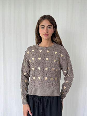 Retrobird Kalp Nakışlı Kısa Triko Kazak  Kadın Kum