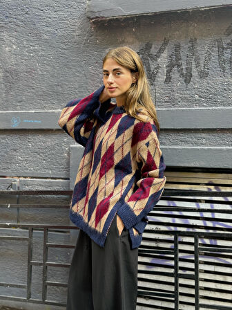 Retrobird Şardonlu Tüylü Baklava Dilim Triko Kazak Kadın Camel