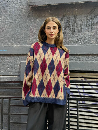 Retrobird Şardonlu Tüylü Baklava Dilim Triko Kazak Kadın Camel