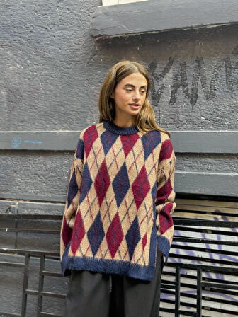 Retrobird Şardonlu Tüylü Baklava Dilim Triko Kazak Kadın Camel