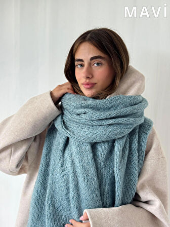 Retrobird Büyük Boy Soft Örgü Atkı Kadın Mavi