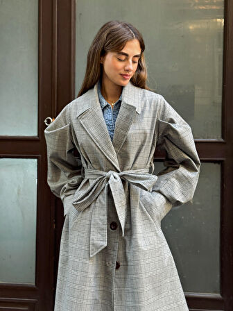 Retrobird Valencia Kuşaklı Trenchcoat Hafif Kaban Kadın Gri