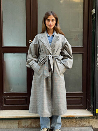 Retrobird Valencia Kuşaklı Trenchcoat Hafif Kaban Kadın Gri