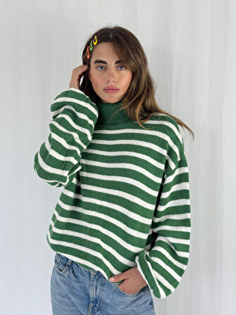 Retrobird Boğazlı Çizgili Kazak Kadın Yeşil 