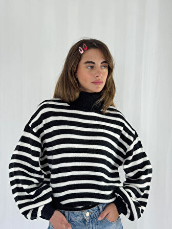 Retrobird Boğazlı Çizgili Kazak Kadın Siyah