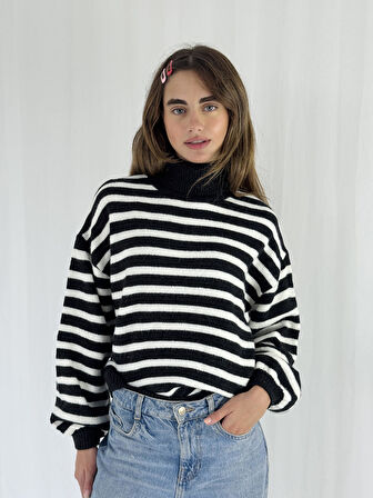 Retrobird Boğazlı Çizgili Kazak Kadın Siyah