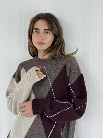 Retrobird Şardonlu Baklava Dilim Triko Kazak Kadın Vizon Bordo