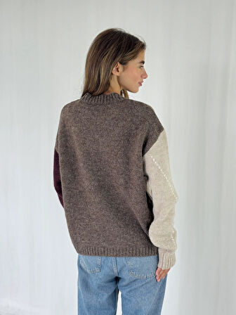 Retrobird Şardonlu Baklava Dilim Triko Kazak Kadın Vizon Bordo