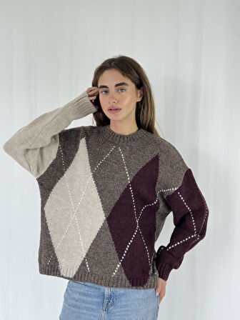 Retrobird Şardonlu Baklava Dilim Triko Kazak Kadın Vizon Bordo