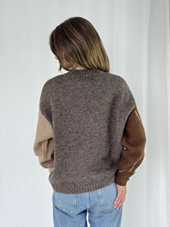 Retrobird Şardonlu Baklava Dilim Triko Kazak Kadın Vizon Kahve