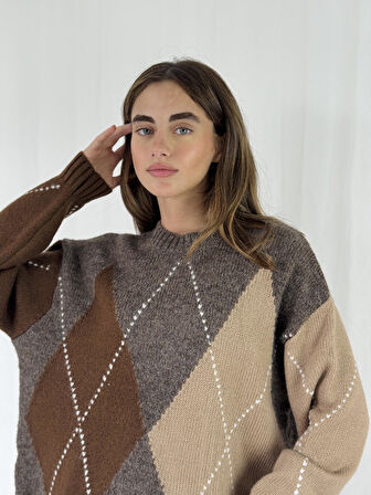 Retrobird Şardonlu Baklava Dilim Triko Kazak Kadın Vizon Kahve