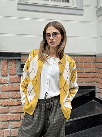 Retrobird Baklava Desenli Hırka Kadın Hardal