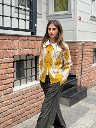 Retrobird Baklava Desenli Hırka Kadın Hardal