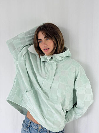 Retrobird Havlu Kabartmalı Oversize Kapüşonlu Sweatshirt Kadın Çağla