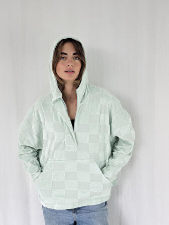 Retrobird Havlu Kabartmalı Oversize Kapüşonlu Sweatshirt Kadın Çağla