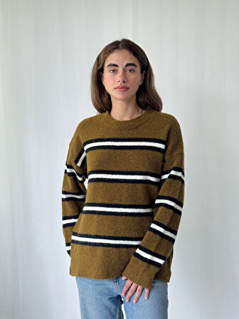 Retrobird Şardonlu Çizgili Triko Kazak Kadın Tütün Rengi