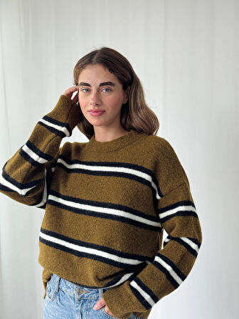 Retrobird Şardonlu Çizgili Triko Kazak Kadın Tütün Rengi