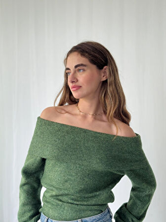 Retrobird Omuz Dekolteli Straplez Katlamalı Triko Kazak Kadın Yeşil