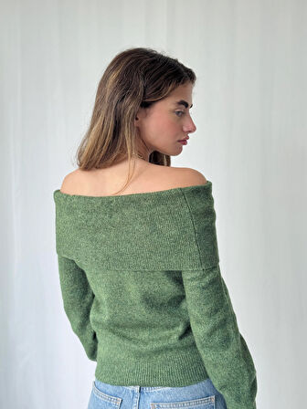 Retrobird Omuz Dekolteli Straplez Katlamalı Triko Kazak Kadın Yeşil