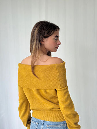 Retrobird Omuz Dekolteli Straplez Katlamalı Triko Kazak Kadın Hardal