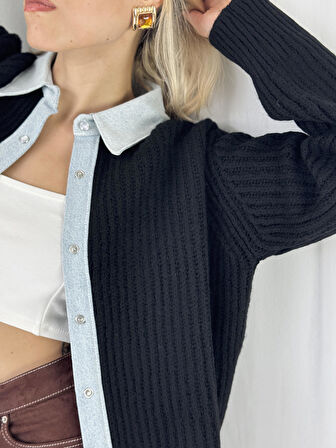 Retrobird Jean Şertli Rahat Kalıp Fitilli Hırka Kadın Siyah