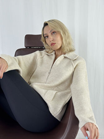 Retrobird Önden Fermuarlı Polo Yaka Ceket Hırka Kadın Krem