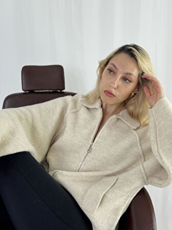 Retrobird Önden Fermuarlı Polo Yaka Ceket Hırka Kadın Krem