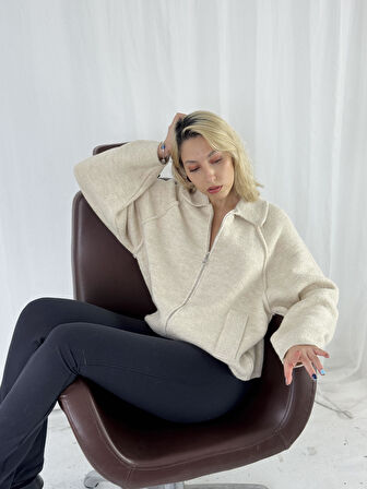 Retrobird Önden Fermuarlı Polo Yaka Ceket Hırka Kadın Krem