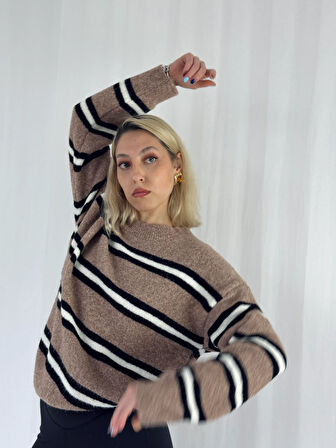 Retrobird Şardonlu Çizgili Triko Kazak Kadın Vizon Rengi