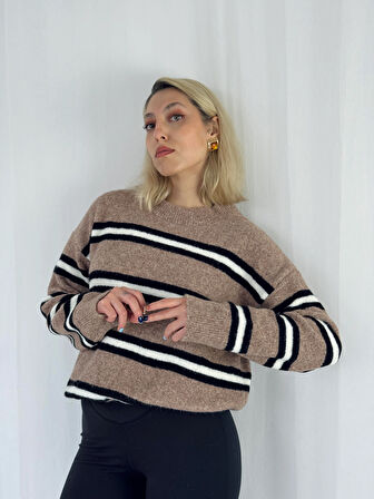 Retrobird Şardonlu Çizgili Triko Kazak Kadın Vizon Rengi