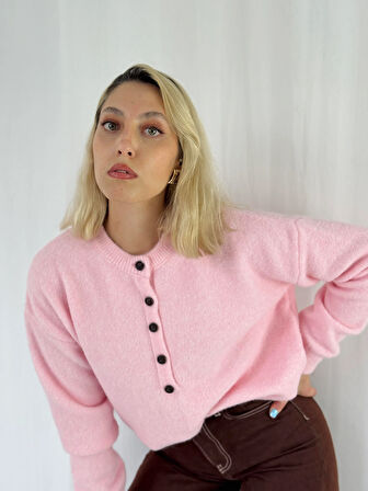 Retrobird Şardonlu Önden Düğmeli Triko Kazak Kadın Pembe