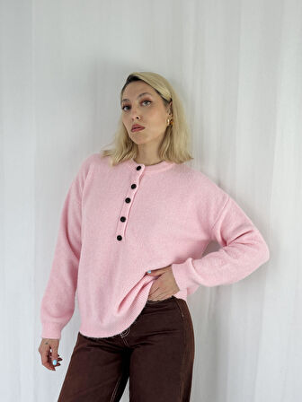 Retrobird Şardonlu Önden Düğmeli Triko Kazak Kadın Pembe