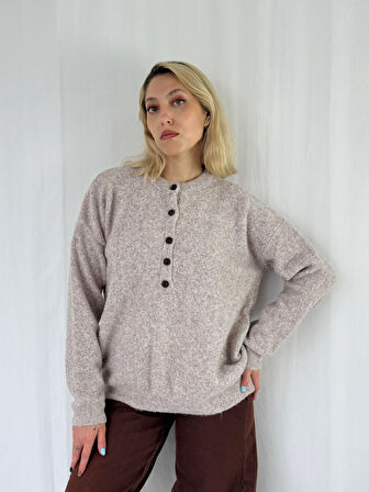 Retrobird Şardonlu Önden Düğmeli Triko Kazak Kum Renkli