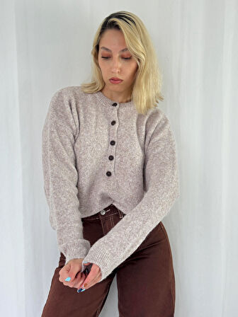 Retrobird Şardonlu Önden Düğmeli Triko Kazak Kum Renkli