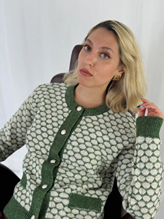 Retrobird Hafif Simli Retro Model Önden Düğmeli Hırka Kadın Yeşil