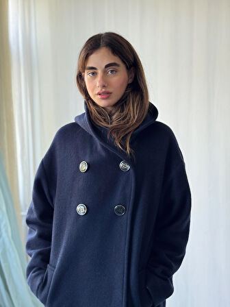 Retrobird Urban Retro Kapüşonlu Oversize Ceket Kaban Kadın Lacivert