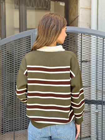 Retrobird Polo Yaka Çizgili Triko Kazak Kadın Haki